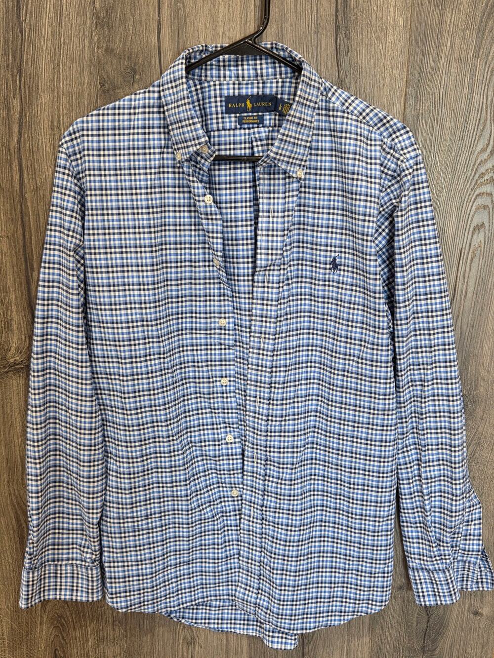 Ralph Lauren Long Sleeve Button Down Shirt Classic Fit Blue Check Mens Size L